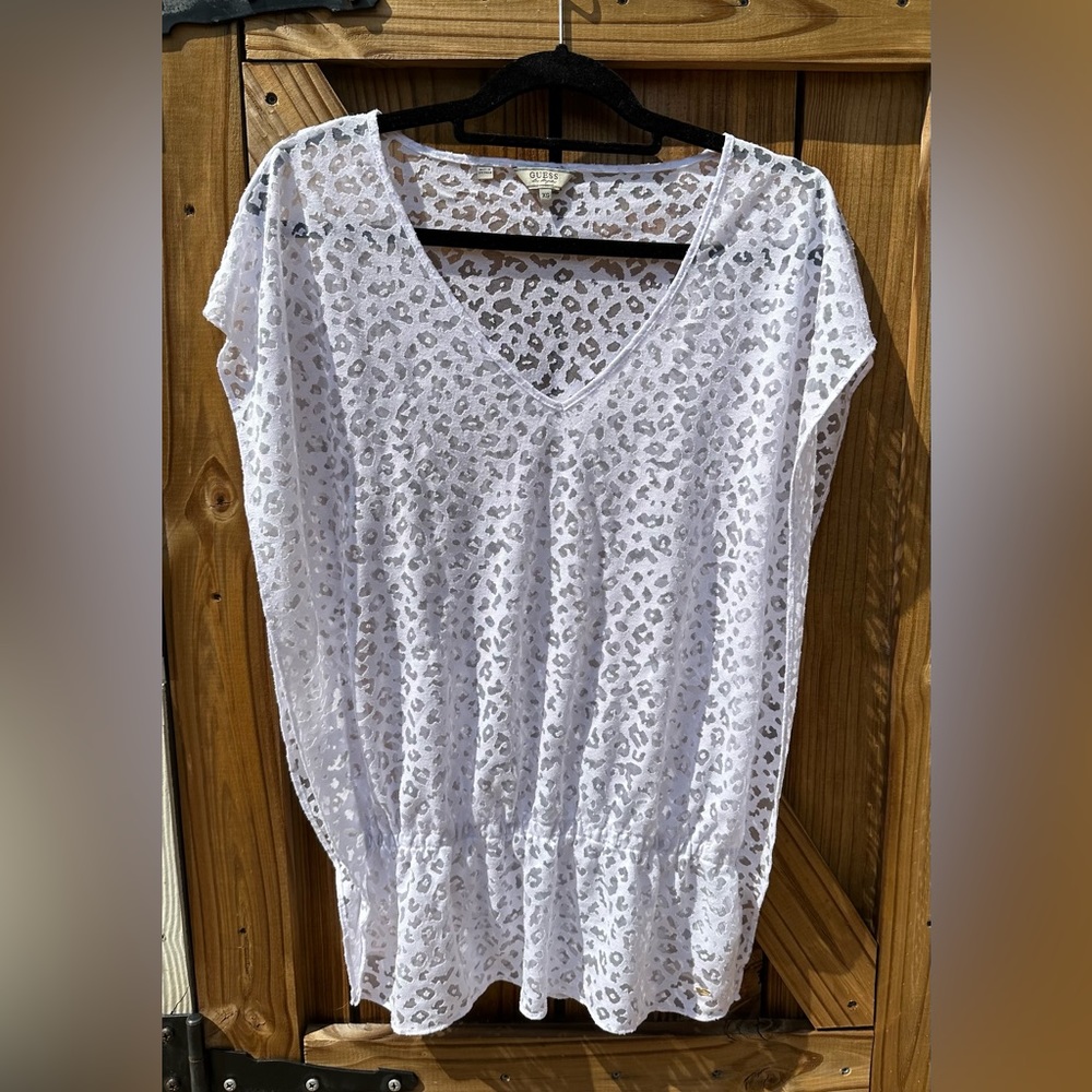 Guess Swim Cover Up Sheer White Leopard Top XS